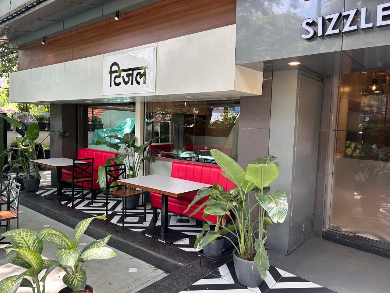 Outdoor seating by the entrance