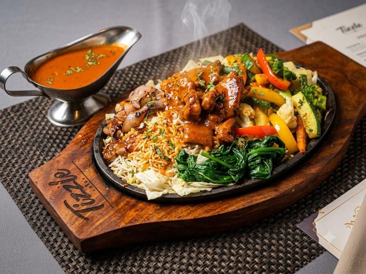 Chicken masala sizzler with gravy boat