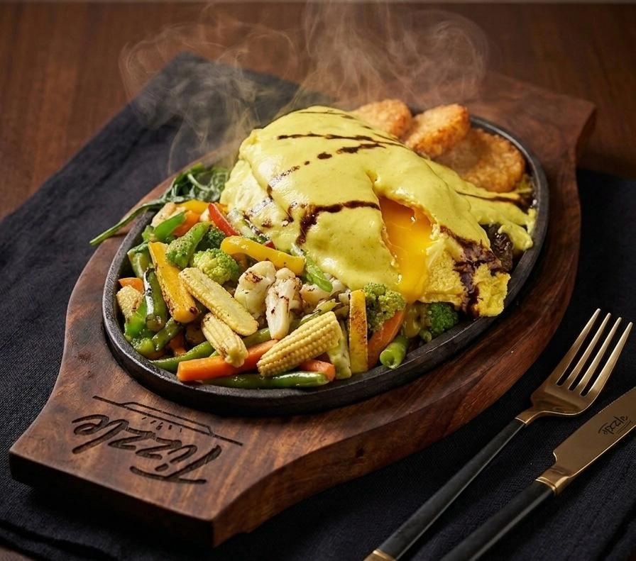 Stuffed omelette egg sizzler with cheese sauce